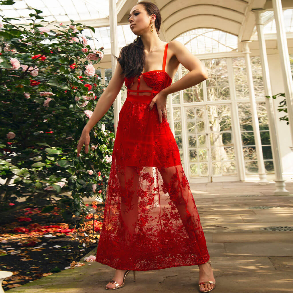 Sexy Sheer Mesh Floral Embroidered Bandage Maxi Dress - Red - Image 3