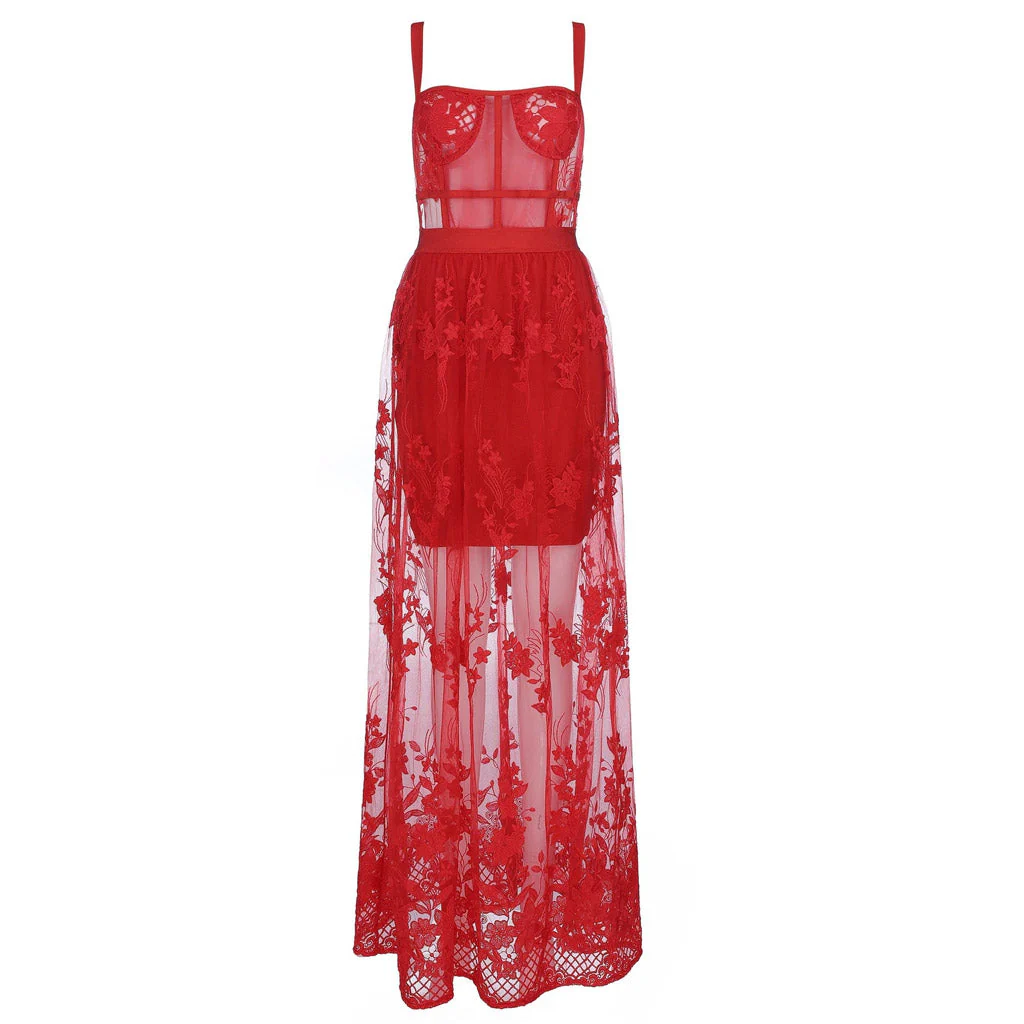 Sexy Sheer Mesh Floral Embroidered Bandage Maxi Dress - Red - Image 5