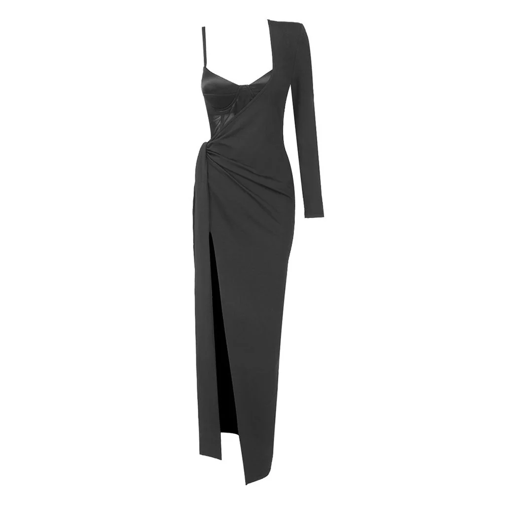 Sexy Sheer Panel Bodysuit One Shoulder Tie Side Thigh Split Maxi Evening Dress - Image 6