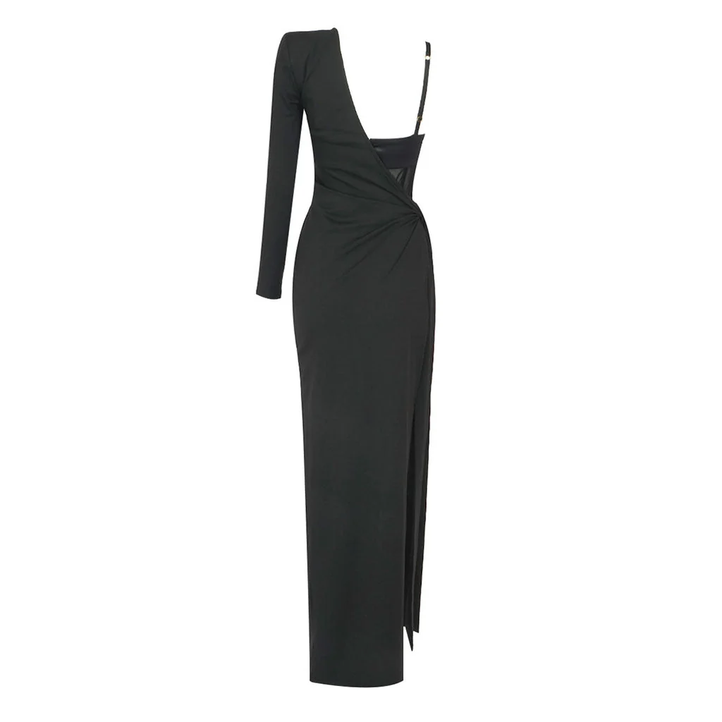 Sexy Sheer Panel Bodysuit One Shoulder Tie Side Thigh Split Maxi Evening Dress - Image 7