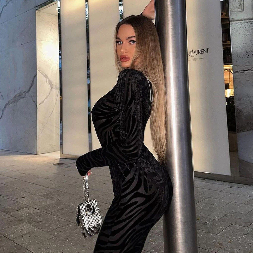 Sexy Sheer Zebra Velvet Long Sleeve Bodysuit High Waist Flare Pant Matching Set - Image 4