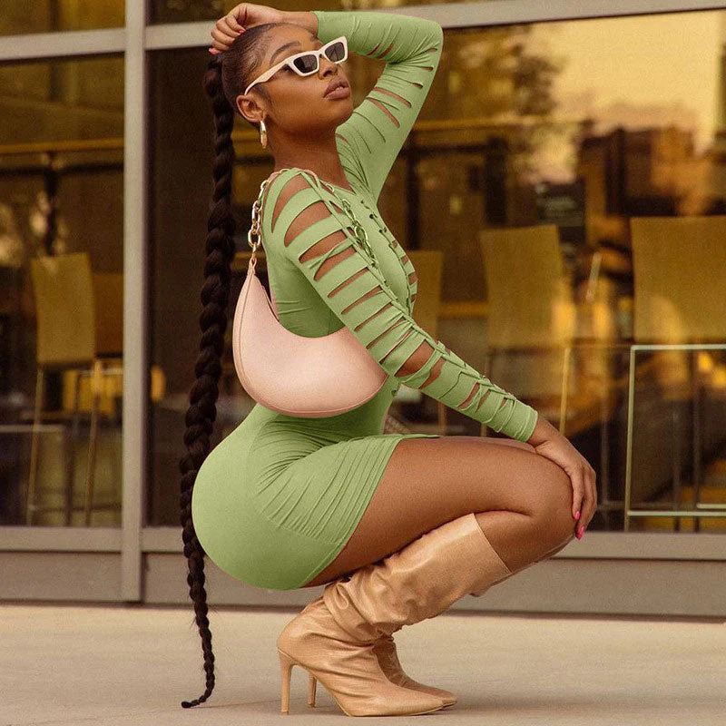 Slashed Ladder Cut Out Crew Neck Long Sleeve Bodycon Mini Dress - Green - Image 2