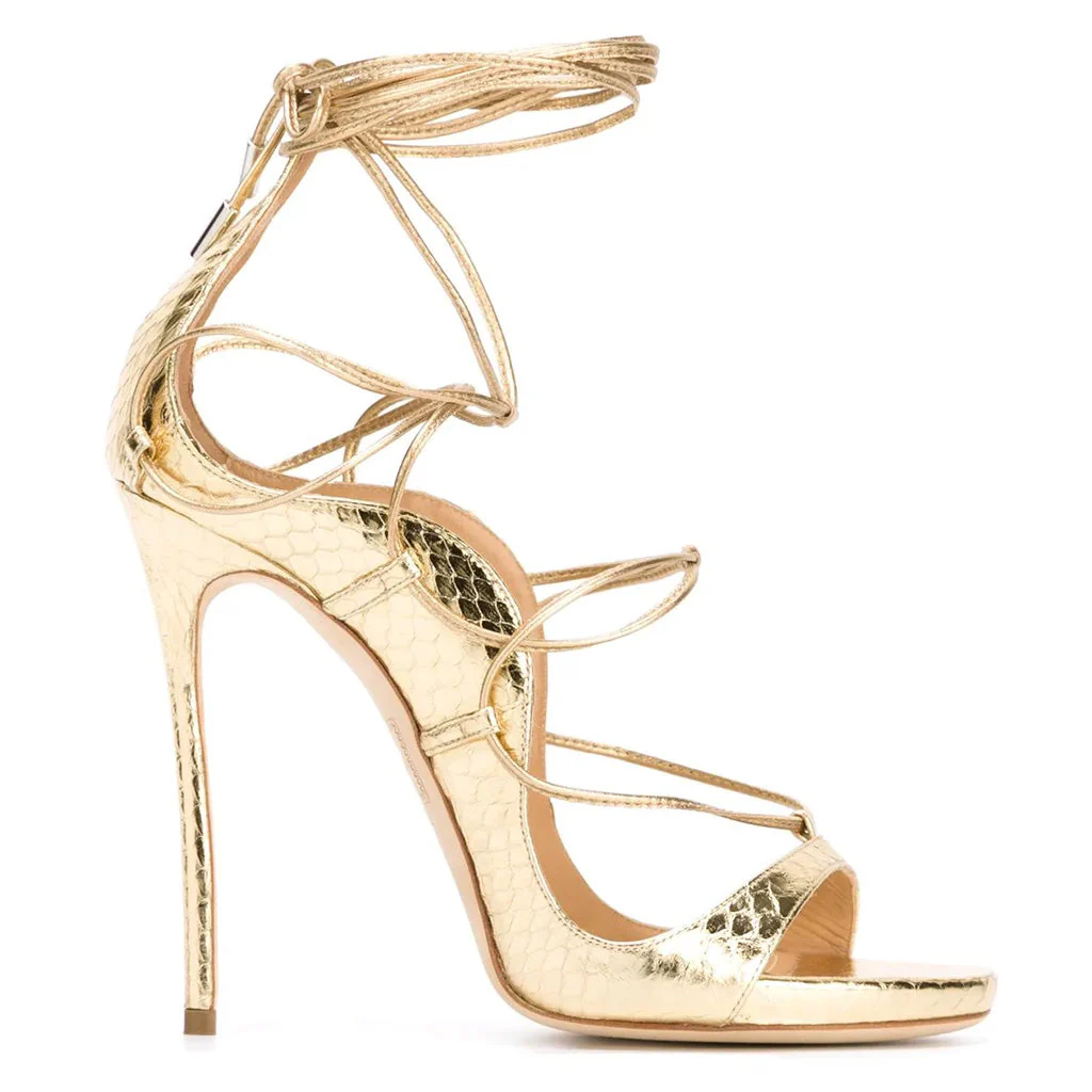 Sexy Snake Effect Lace Up High Heel Sandals - Gold - Image 2