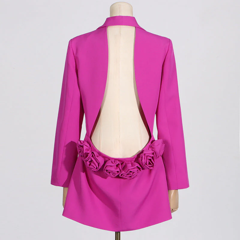 Backless Long Sleeve Mini Dress decorated with Flowers - Image 11