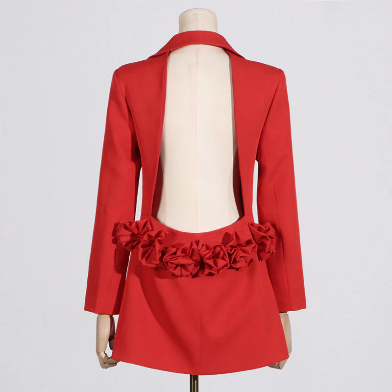 Backless Long Sleeve Mini Dress decorated with Flowers - Image 3