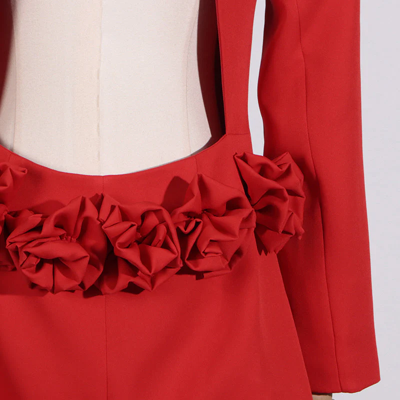 Backless Long Sleeve Mini Dress decorated with Flowers - Image 6