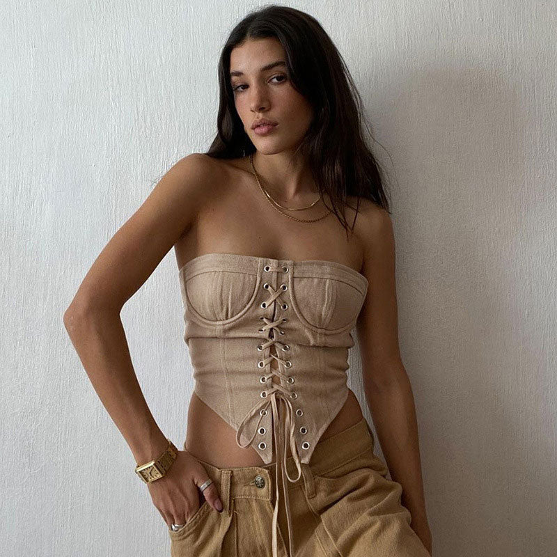Solid Color Curved Hem Strapless Lace Up Cropped Top - Khaki - Image 2