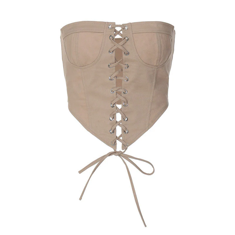 Solid Color Curved Hem Strapless Lace Up Cropped Top - Khaki - Image 3