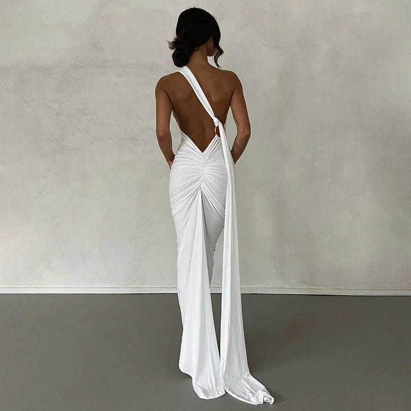 Solid Color One Shoulder Ruched Backless Evening Maxi Dress - Black - Image 3