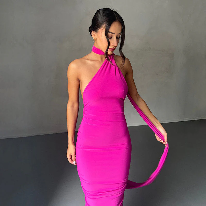 Solid Color One Shoulder Ruched Backless Evening Maxi Dress - Hot Pink - Image 2