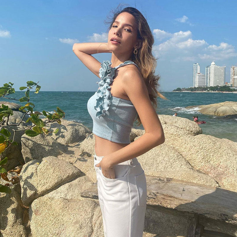 Solid Color Ribbed 3D Flower Lettuce Detail Crop Top - Baby Blue - Image 2