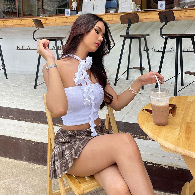 Solid Color Ribbed 3D Flower Lettuce Detail Crop Top - White - Image 2