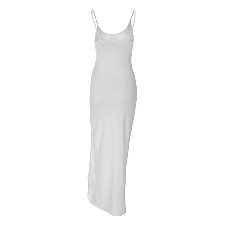 Solid Color Ruched Floral Trim High Split Slip Maxi Dress - White - Image 4