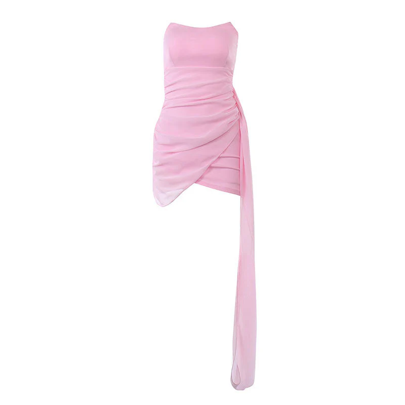 Solid Color Ruched Wrap Trim Strapless Bodycon Party Mini Dress - Pink - Image 3