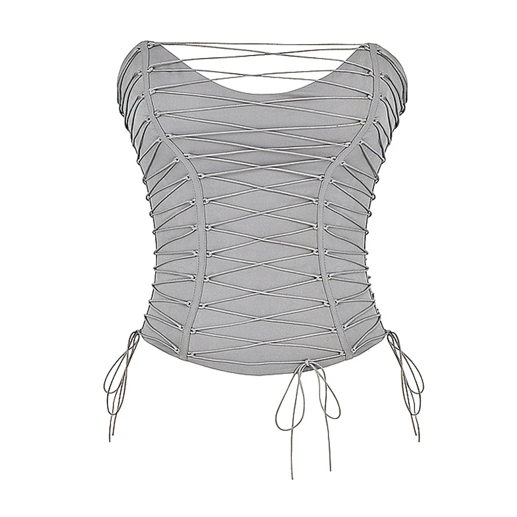 Sexy Solid Color Self Tie Lace Up Sweetheart Neck Strapless Crop Top - Image 2