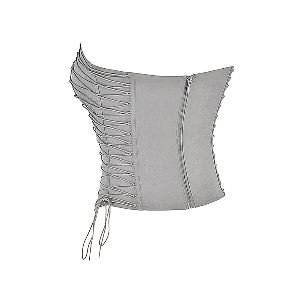 Sexy Solid Color Self Tie Lace Up Sweetheart Neck Strapless Crop Top - Image 3