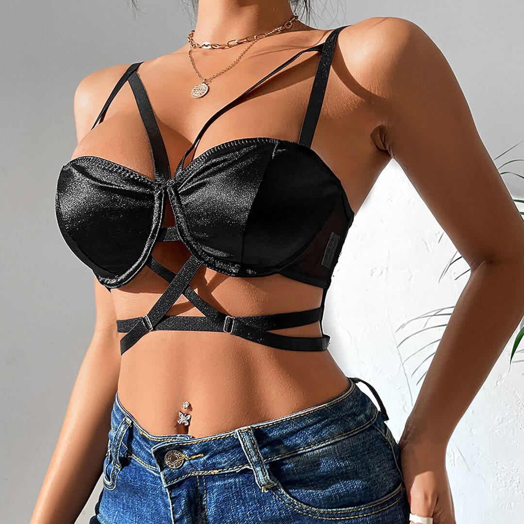 Solid Color Strappy Cutout See Through Mesh Satin Bra Top - Black - Image 2