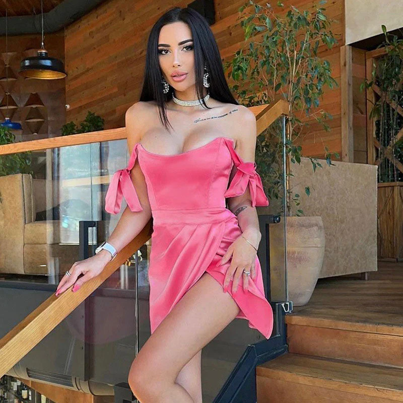 Solid Color Tie Strap Ruched Wrap Trim Bodycon Mini Dress - Pink - Image 2