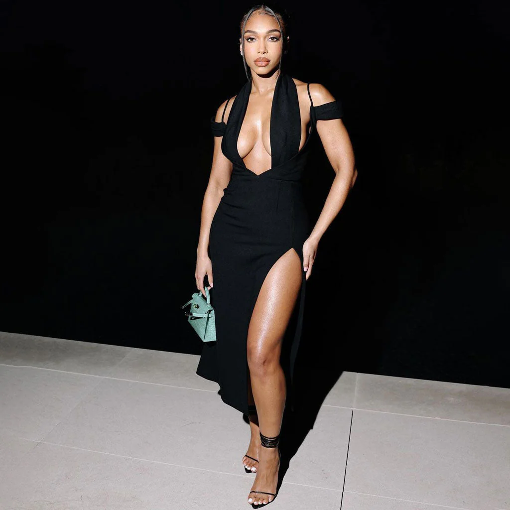 Sexy Solid Halter Deep V Neck Cold Shoulder Split Thigh Bandage Midi Cocktail Dress - Image 4