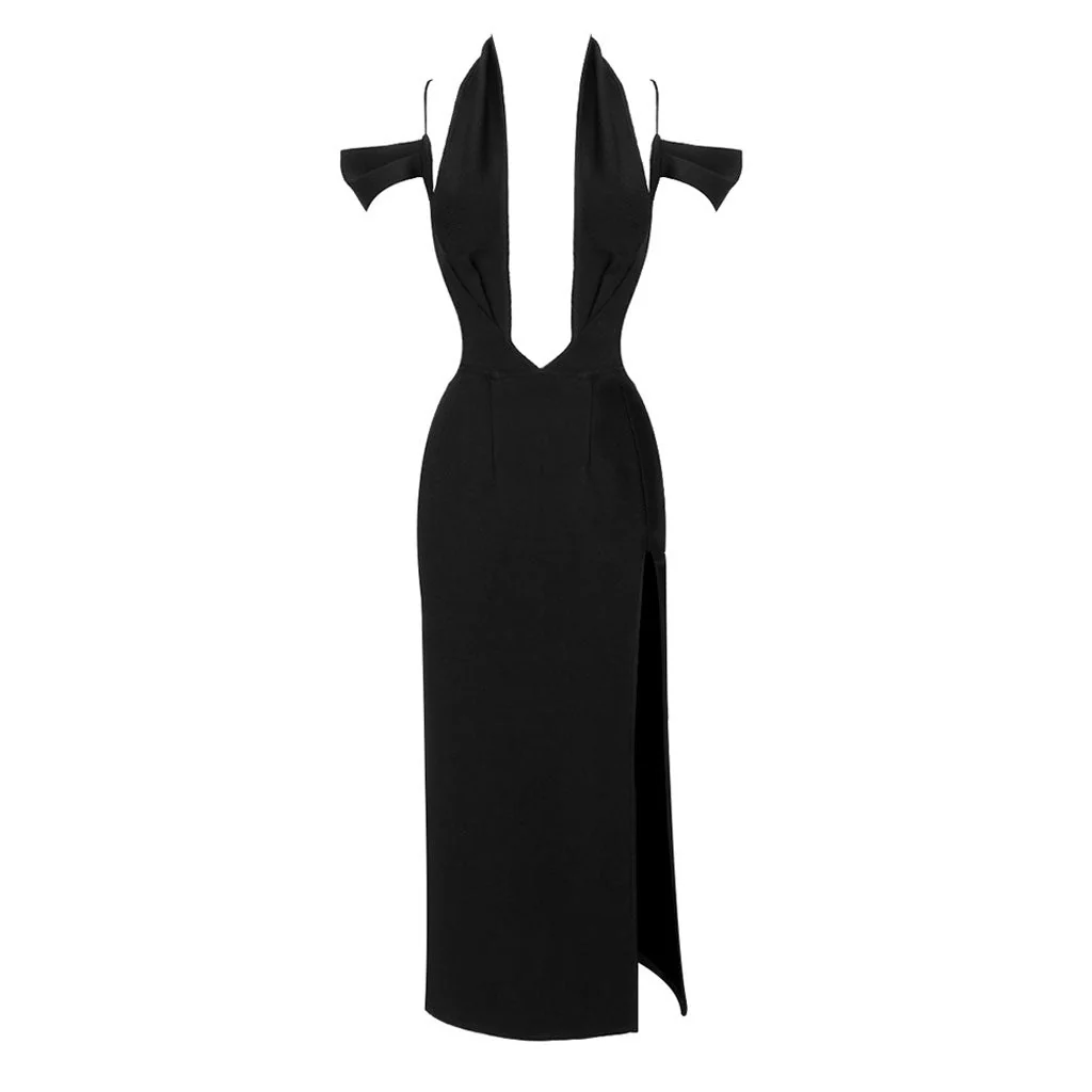 Sexy Solid Halter Deep V Neck Cold Shoulder Split Thigh Bandage Midi Cocktail Dress - Image 6