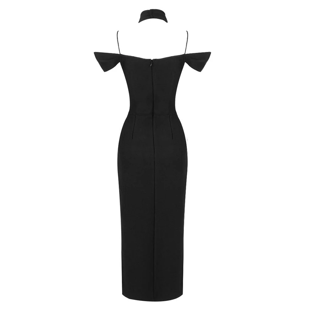 Sexy Solid Halter Deep V Neck Cold Shoulder Split Thigh Bandage Midi Cocktail Dress - Image 7