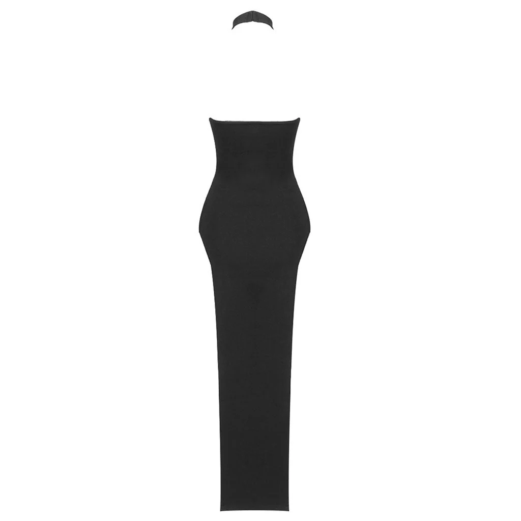 Sexy Solid Halter Neck Open Back Split High Bodycon Bandage Maxi Evening Dress - Image 7