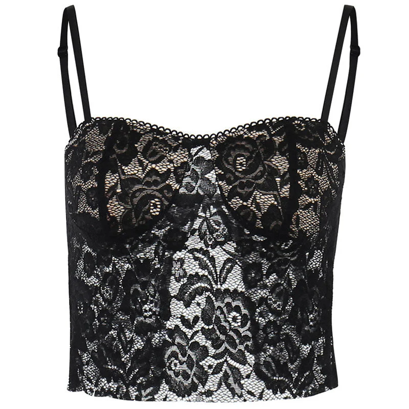 Spaghetti Strap Floral Printed Sheer Lace Crop Tank Top - Black - Image 4