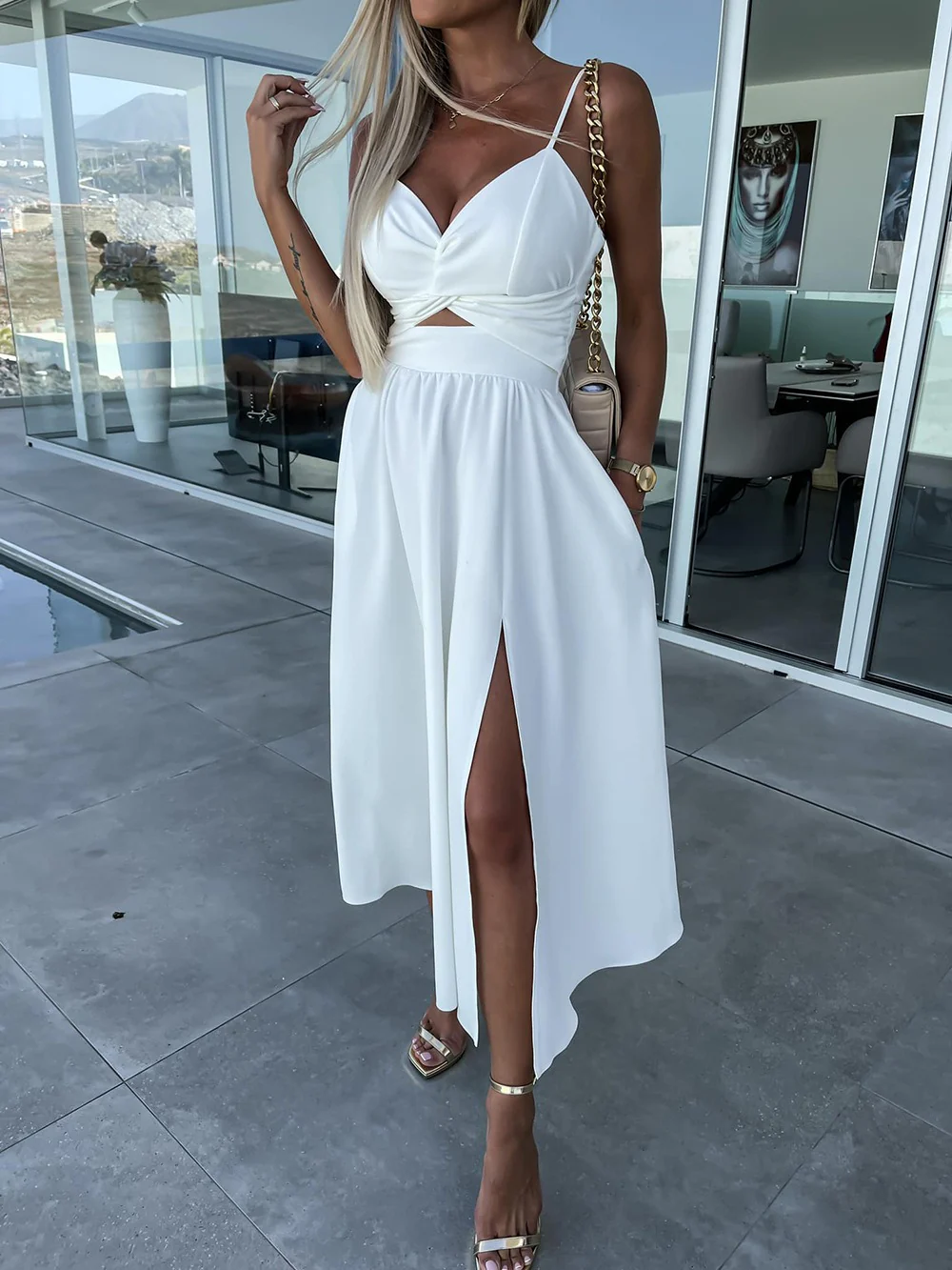 Split Low Back Twist Front V Neck Halter Vacation Maxi Dress - Navy - Image 5