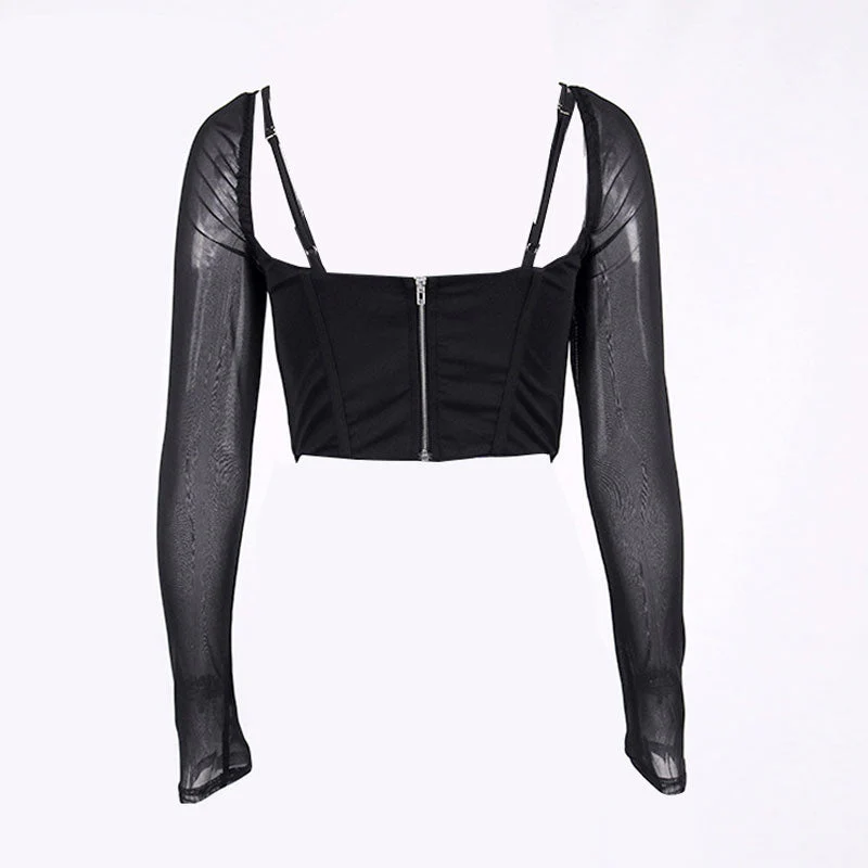 Square Neck Mesh Long Sleeve Ruched Cropped Corset Top - Black - Image 3