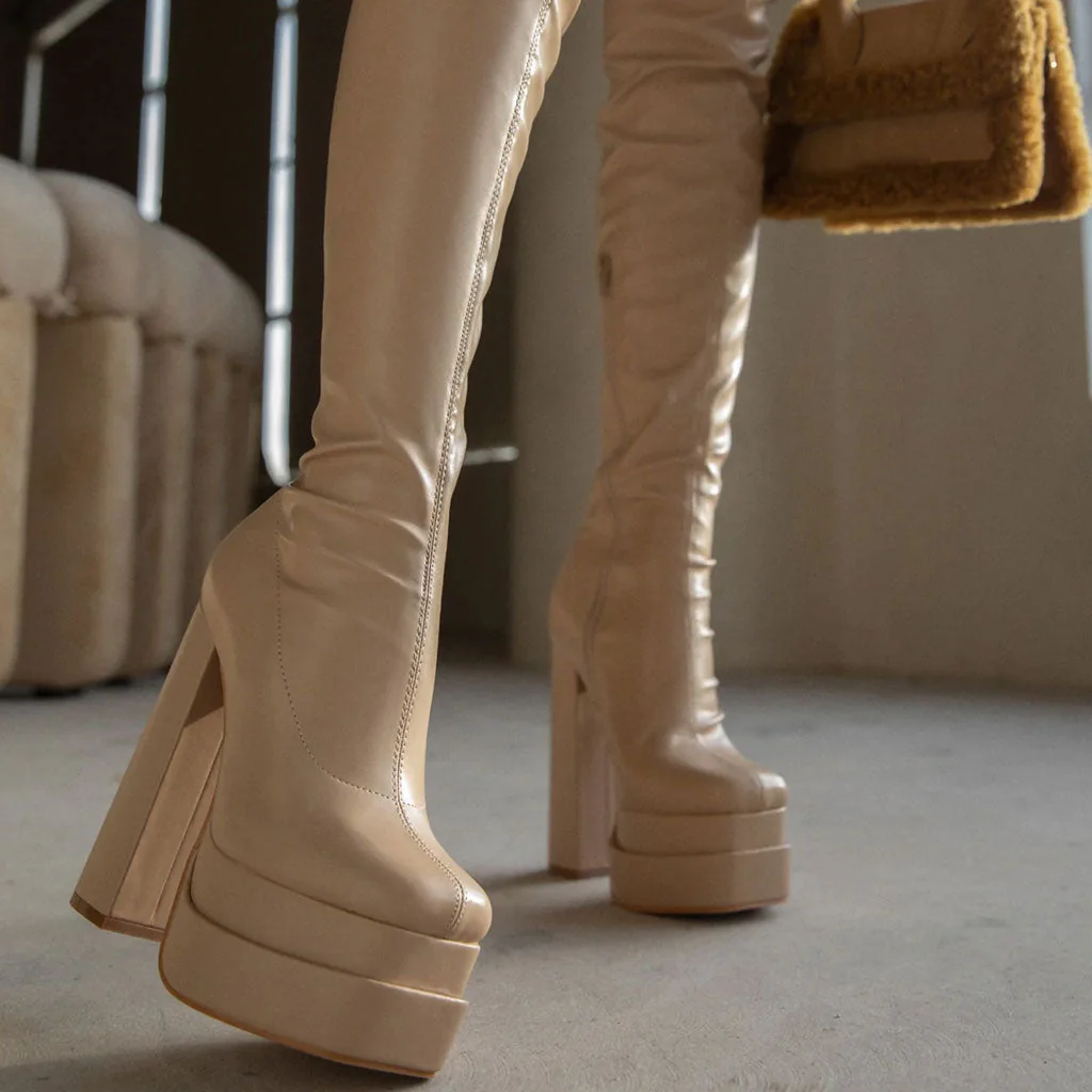 Sexy Square Toe Over Knee Platform Chunky Heeled Boots - Apricot - Image 2