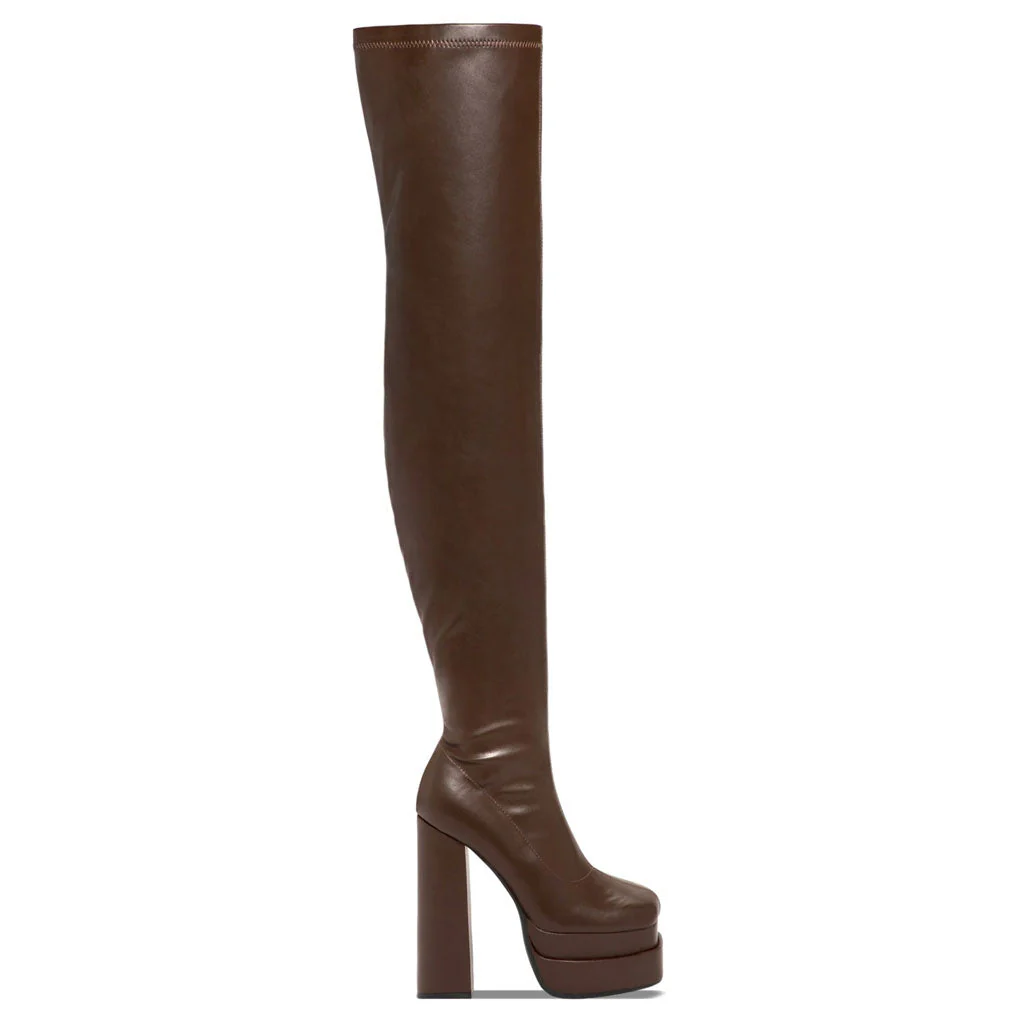 Sexy Square Toe Over Knee Platform Chunky Heeled Boots - Apricot - Image 3