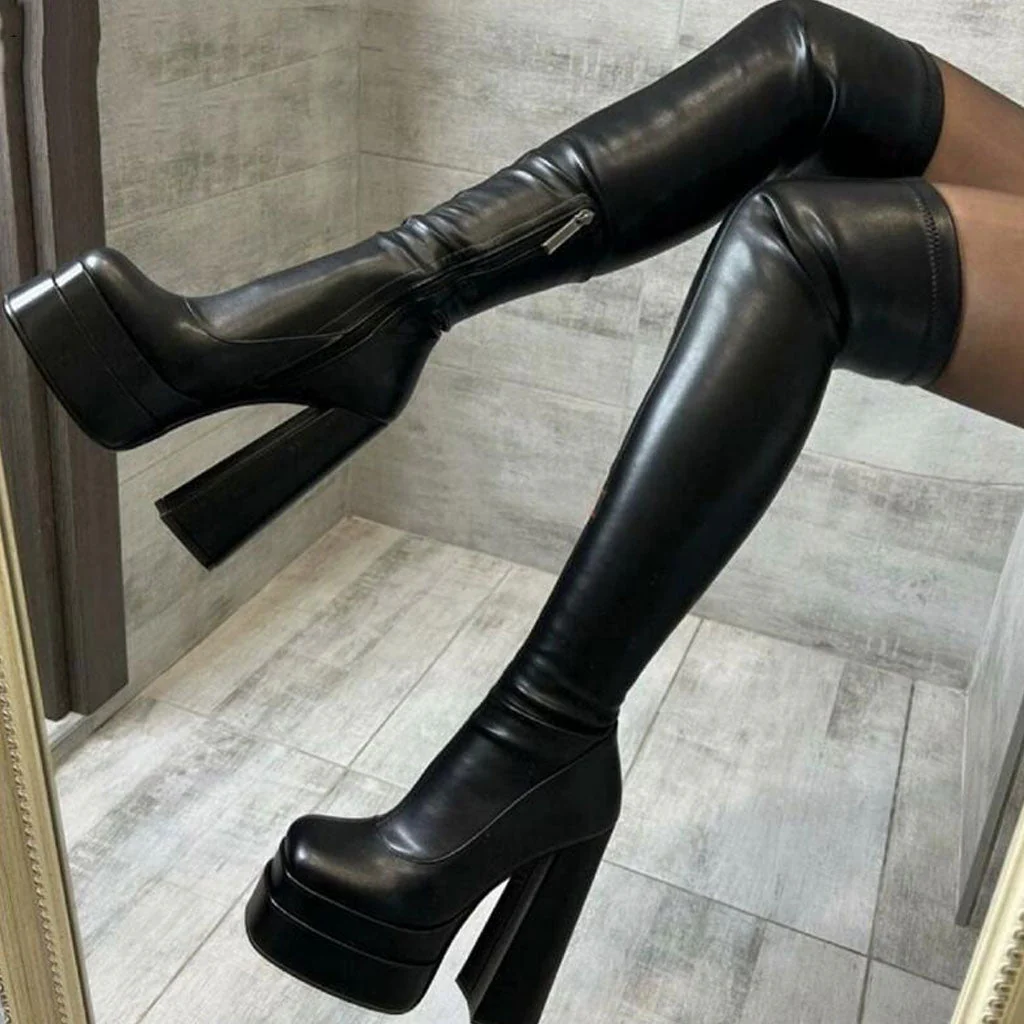 Sexy Square Toe Over Knee Platform Chunky Heeled Boots - Black - Image 3