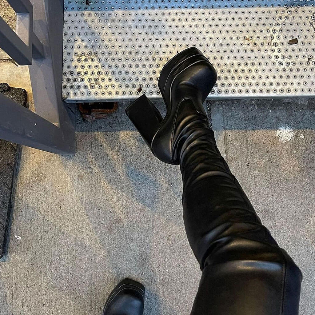 Sexy Square Toe Over Knee Platform Chunky Heeled Boots - Black - Image 4