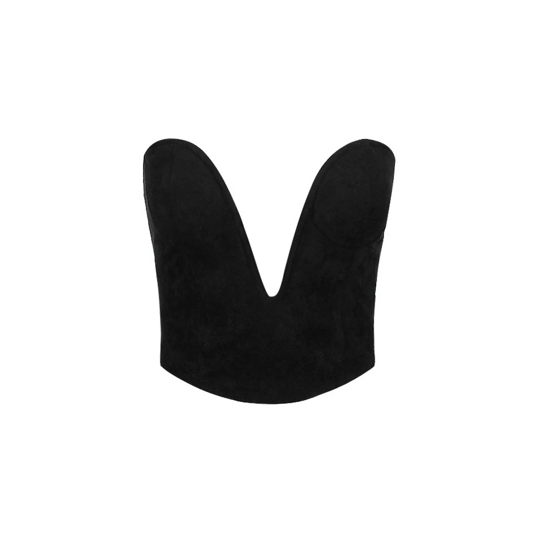 Suede Deep V Sweetheart Sleeveless Tube Crop Top - Black - Image 4