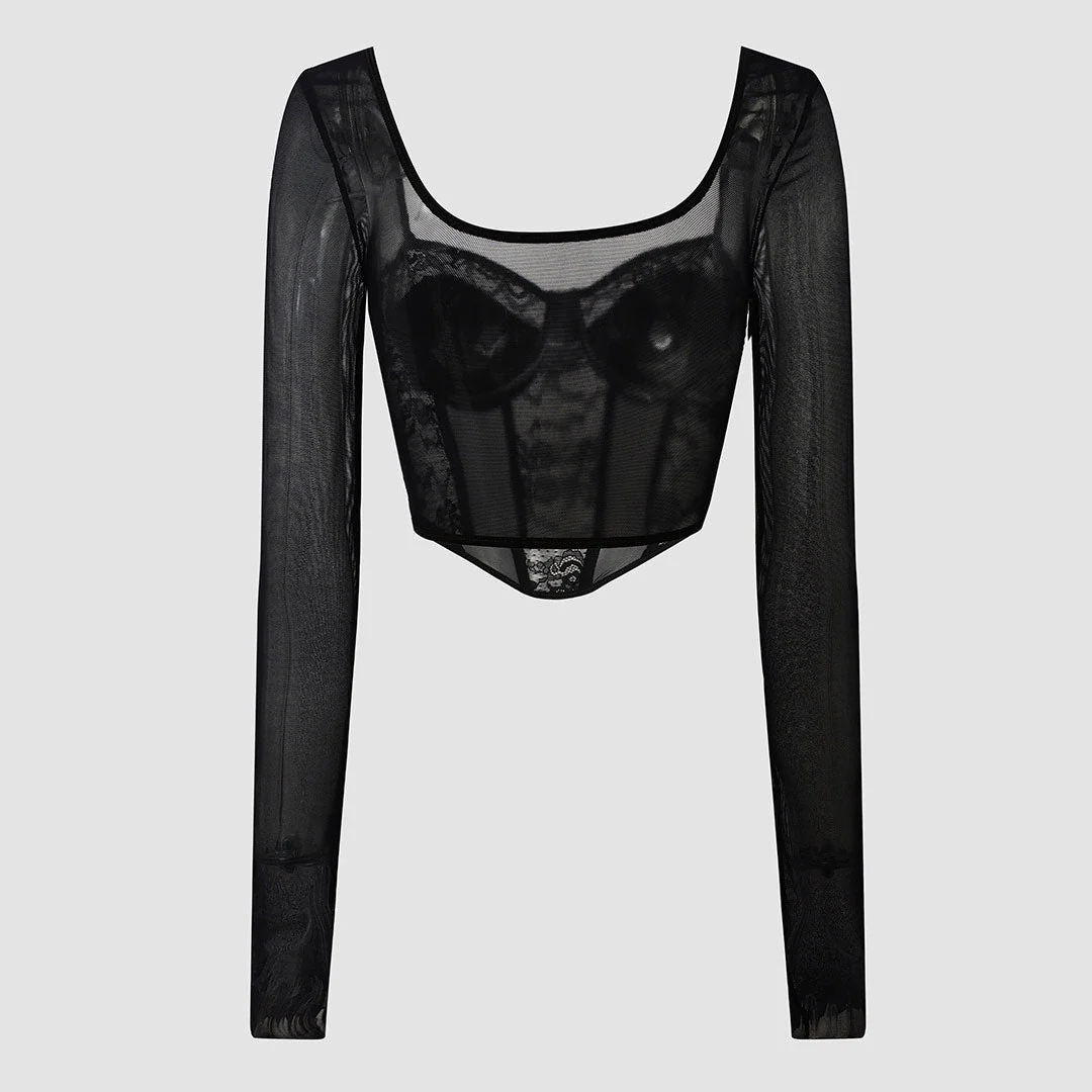 Sweetheart Long Sleeve Floral Lace Sheer Mesh Corset - Black - Image 4