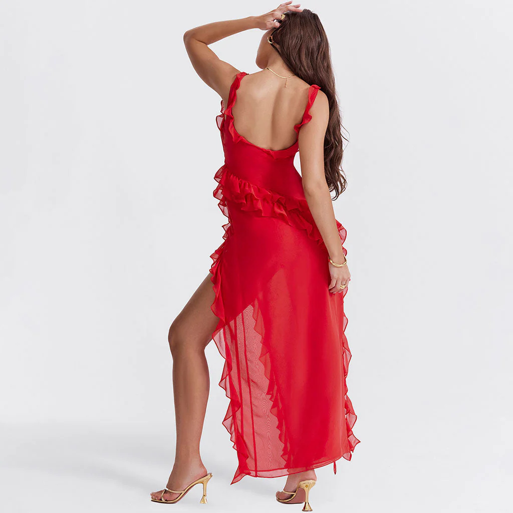 Sexy Sweetheart Neck Draped Ruffle Strap Split Sleeveless Maxi Evening Dress - Image 5