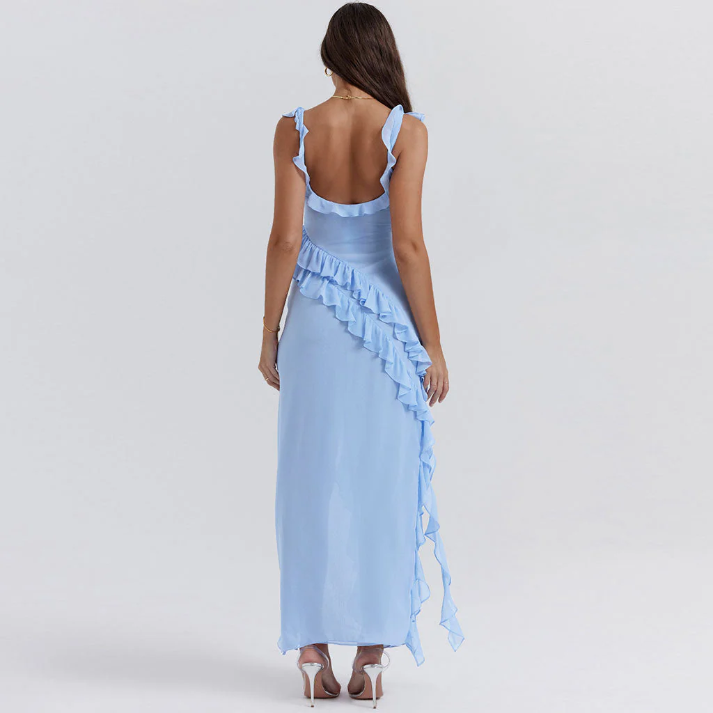 Sexy Sweetheart Neck Draped Ruffle Strap Split Sleeveless Maxi Evening Dress - Image 8