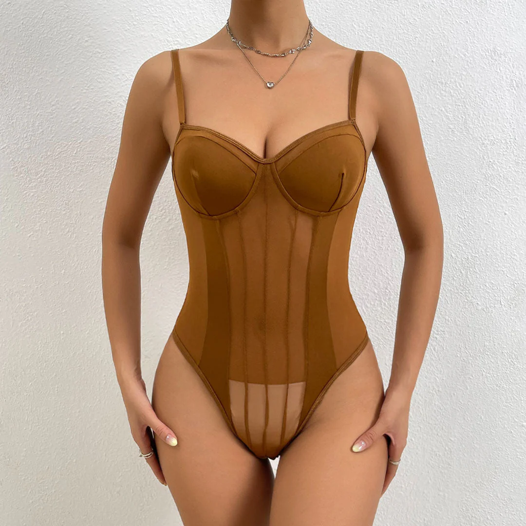 Sweetheart Vertical Striped High Leg Sheer Mesh Bodysuit - Coffee - Image 2