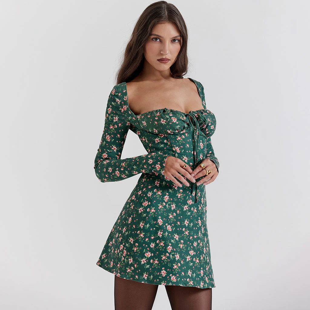 Sexy Tie Front Square Neck Lace Up Back Long Sleeve Floral Party Corset Mini Dress - Image 5