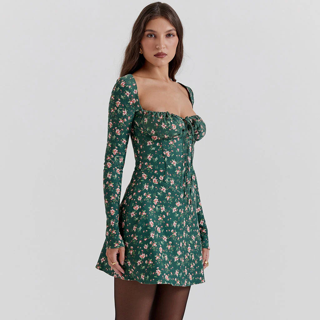Sexy Tie Front Square Neck Lace Up Back Long Sleeve Floral Party Corset Mini Dress - Image 6