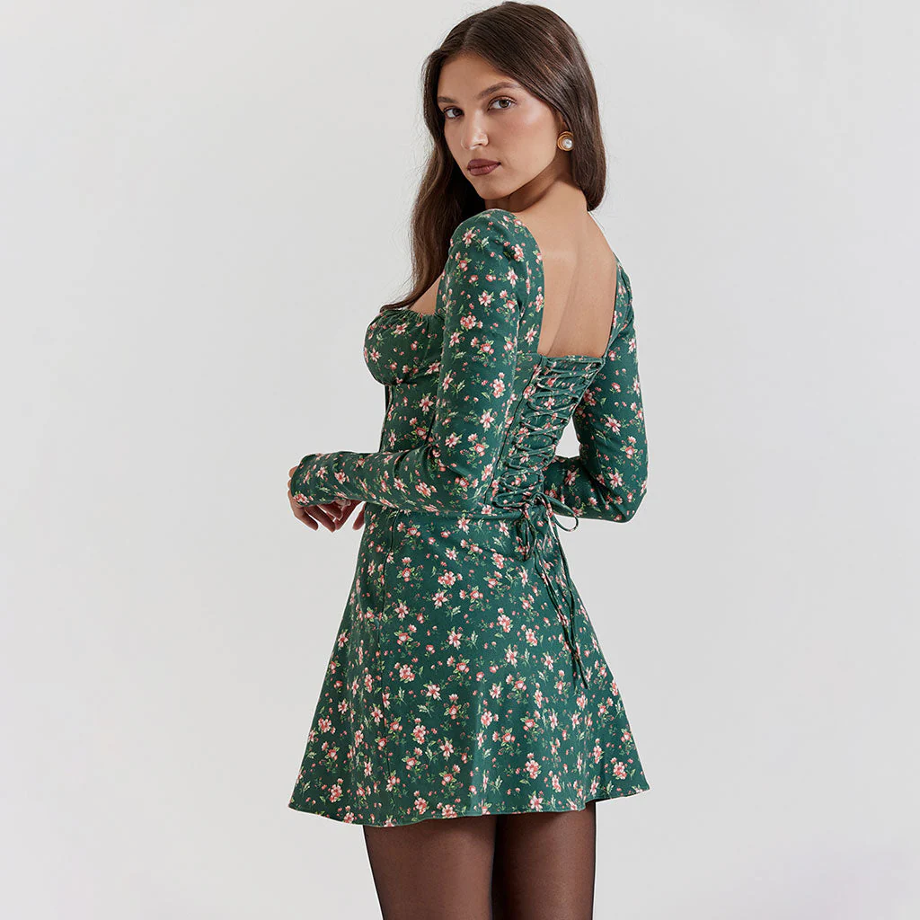 Sexy Tie Front Square Neck Lace Up Back Long Sleeve Floral Party Corset Mini Dress - Image 7