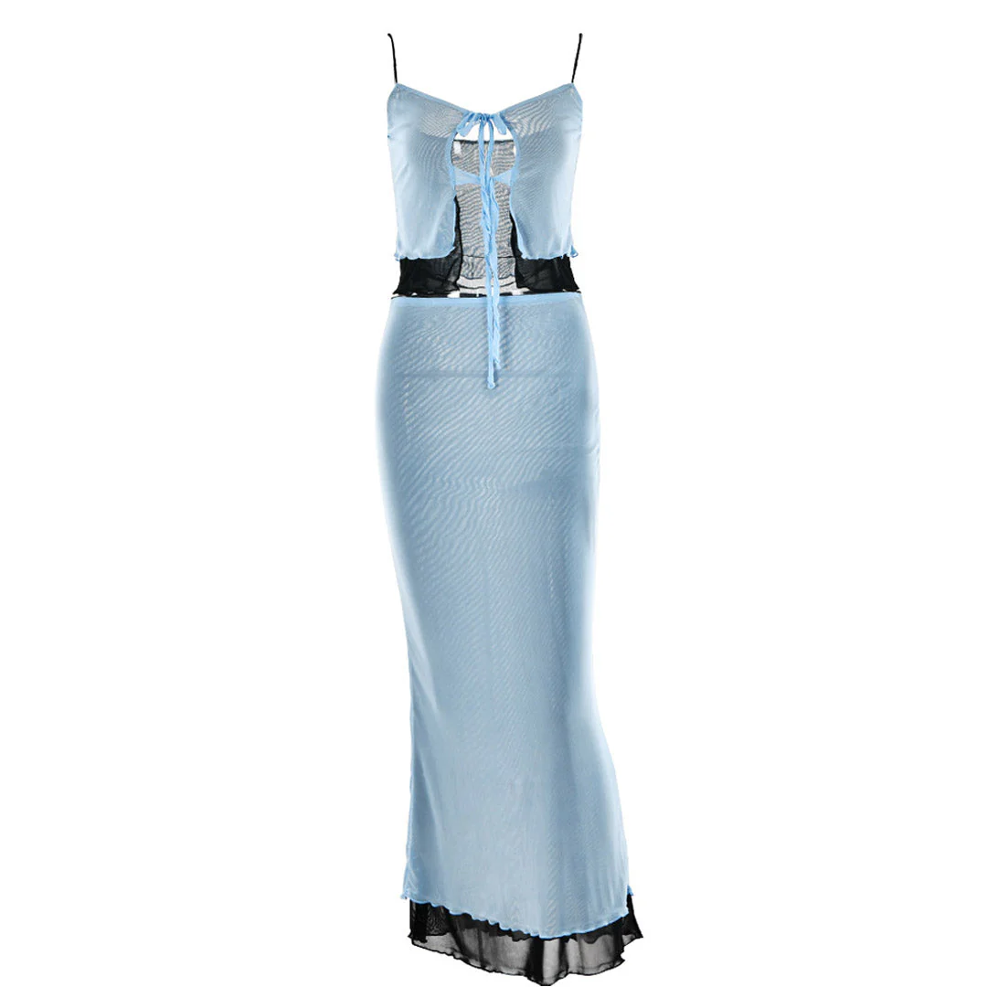 Tie Neck High Waist Contrast Layered Mesh Skirt Matching Set - Light Blue - Image 3