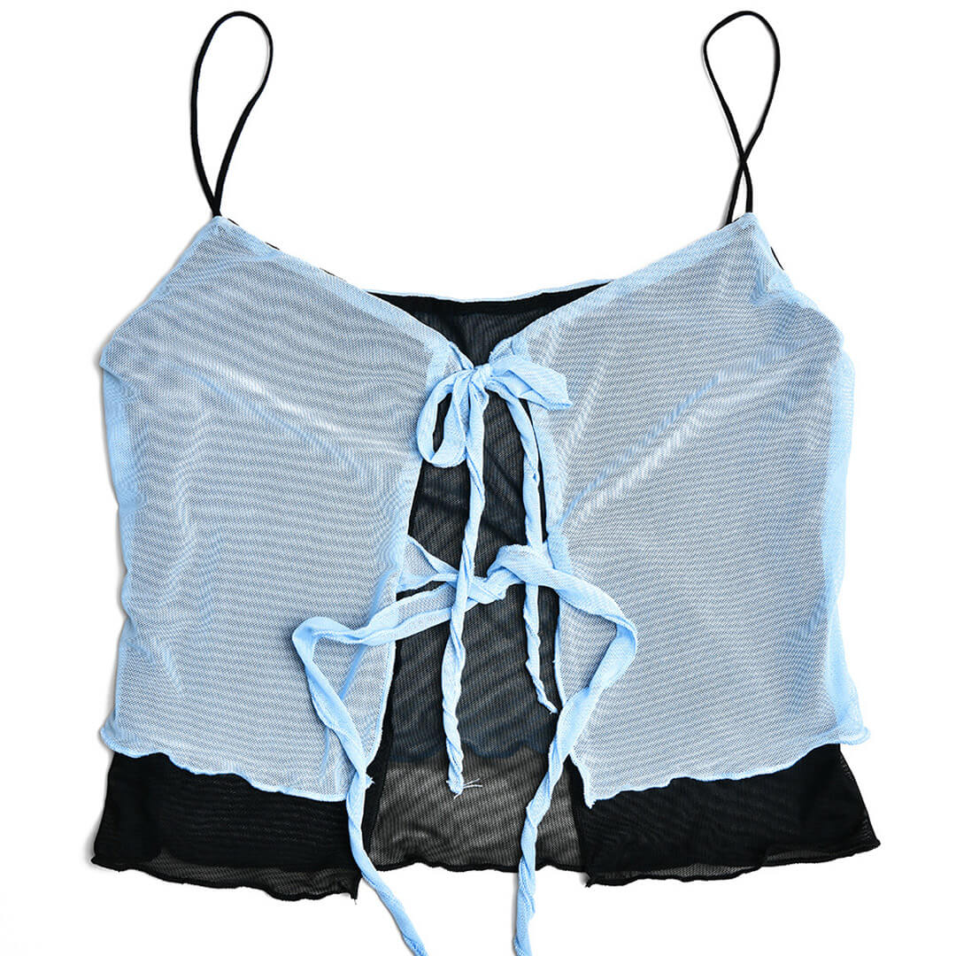 Tie Neck High Waist Contrast Layered Mesh Skirt Matching Set - Light Blue - Image 4