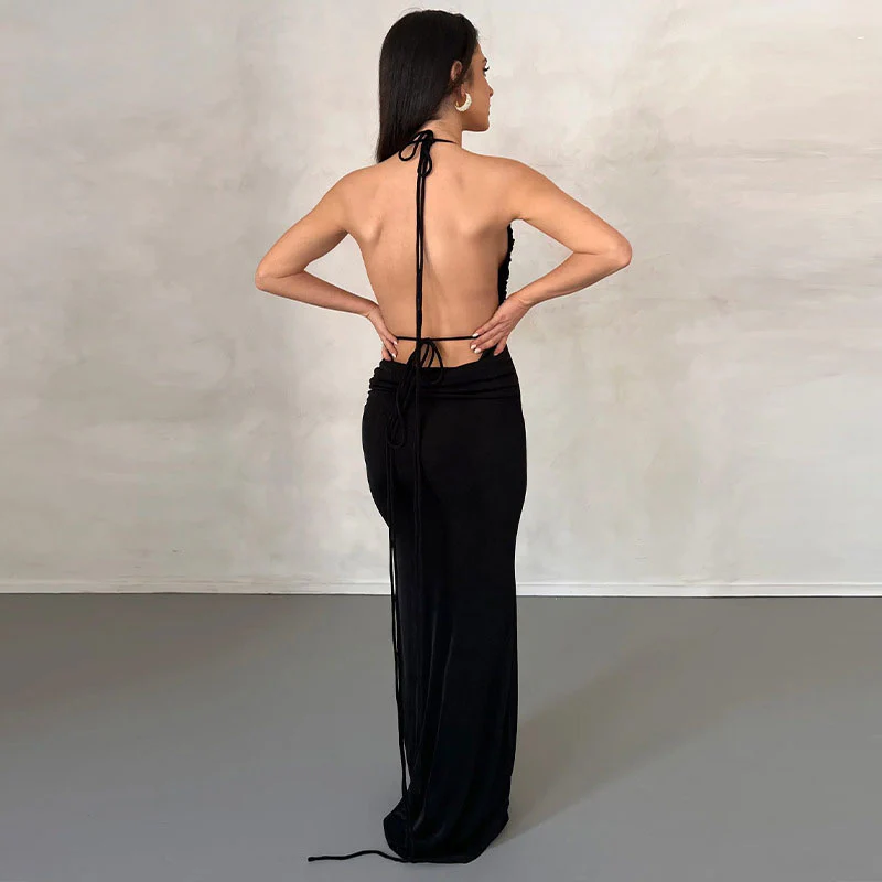 Tie Shoulder Cowl Neck Ruched Trim Backless Sheer Maxi Dress - Black - Image 2