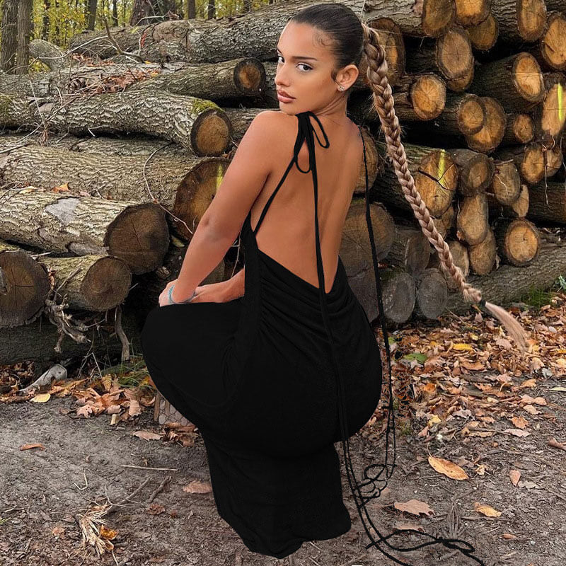 Tie Shoulder Cowl Neck Ruched Trim Backless Sheer Maxi Dress - Black - Image 3
