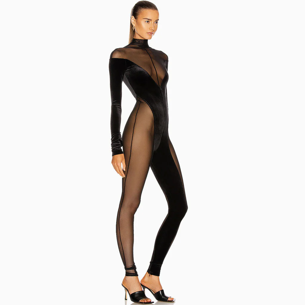 Sexy Turtleneck Sheer Mesh Long Sleeve Velvet Jumpsuit - Black - Image 2