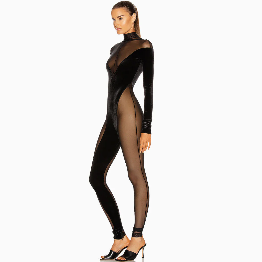 Sexy Turtleneck Sheer Mesh Long Sleeve Velvet Jumpsuit - Black - Image 3