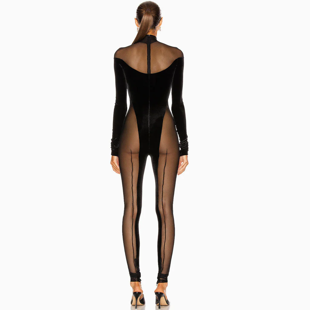 Sexy Turtleneck Sheer Mesh Long Sleeve Velvet Jumpsuit - Black - Image 4