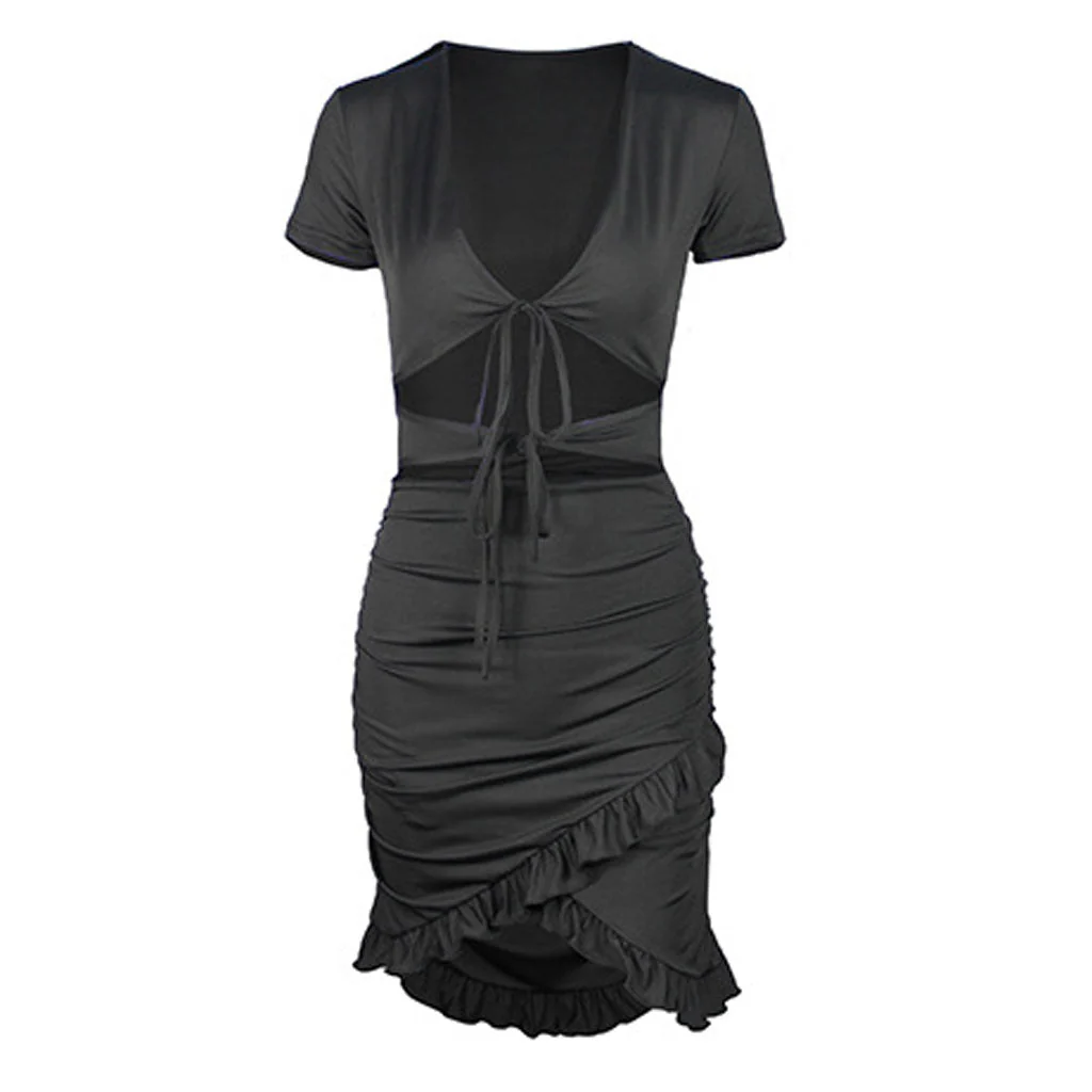 V Neck Floss Strap Ruched Bodycon Party Mini Dress - Black - Image 2