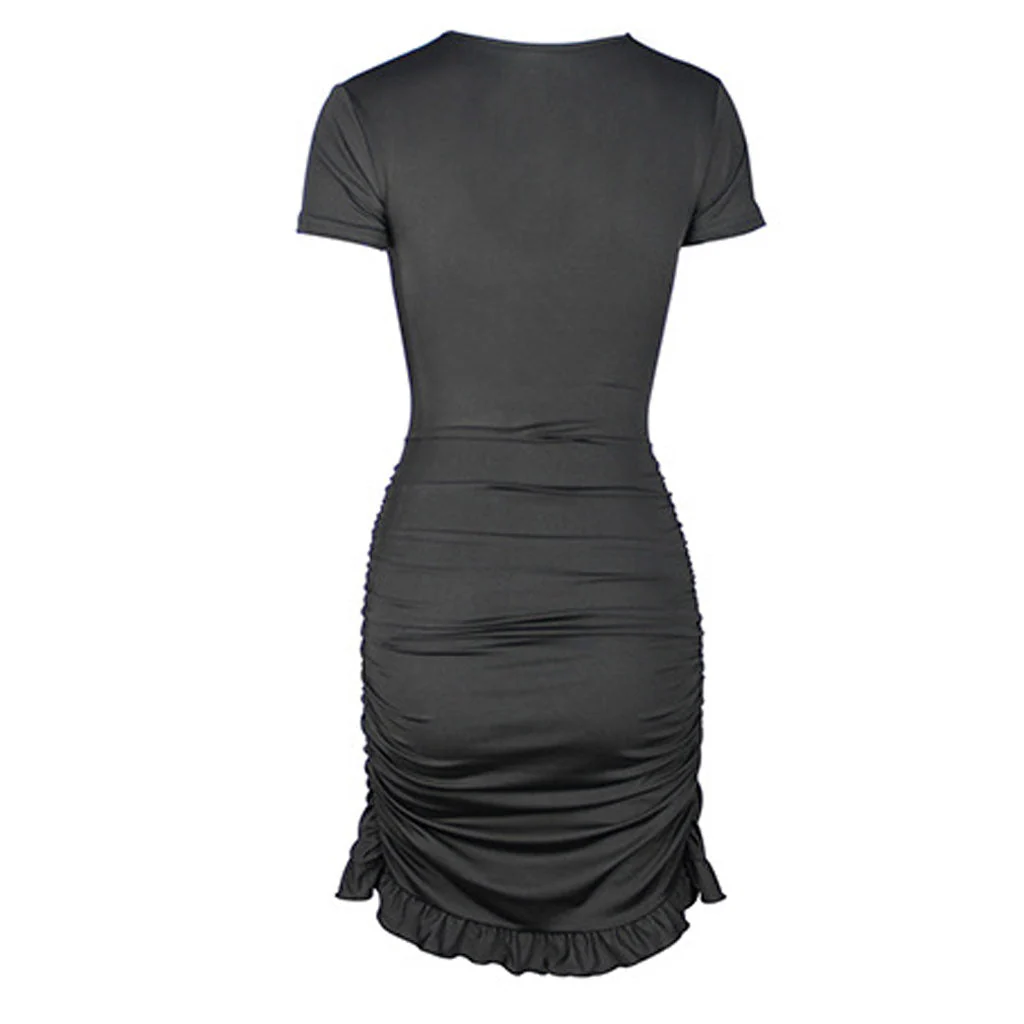 V Neck Floss Strap Ruched Bodycon Party Mini Dress - Black - Image 3